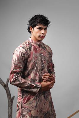 Multicolor modal silk fabric printed ethnic ceremonial kurta pajama for mens 3