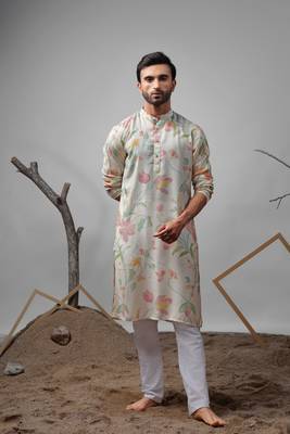 White muslin fabric printed ethnic ceremonial kurta pajama for mens 1