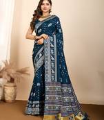 navy blue animal print art silk ikat saree with matching blouse