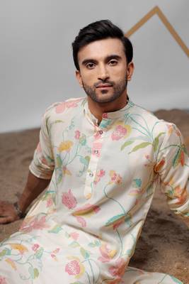 White muslin fabric printed ethnic ceremonial kurta pajama for mens 3