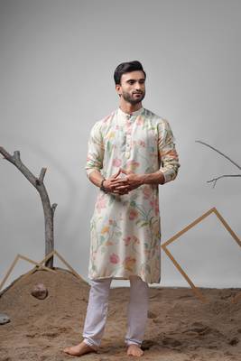 White muslin fabric printed ethnic ceremonial kurta pajama for mens 4