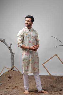 White muslin fabric printed ethnic ceremonial kurta pajama for mens 5
