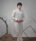Off white color viscose fabric heavy embroidery work ethnic ceremonial kurta pajama for mens
