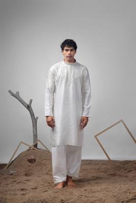 White color greek satin fabric heavy embroidery work ethnic ceremonial kurta pajama for mens 1