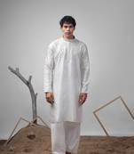 White color greek satin fabric heavy embroidery work ethnic ceremonial kurta pajama for mens