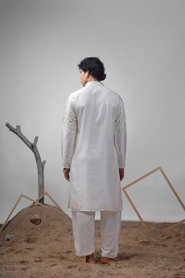 White color greek satin fabric heavy embroidery work ethnic ceremonial kurta pajama for mens 2