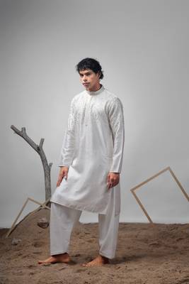 White color greek satin fabric heavy embroidery work ethnic ceremonial kurta pajama for mens 4