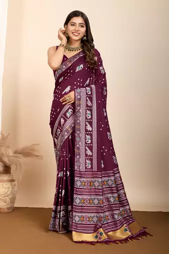wine animal print art silk ikat saree with matching blouse