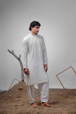 White color greek satin fabric heavy embroidery work ethnic ceremonial kurta pajama for mens 5