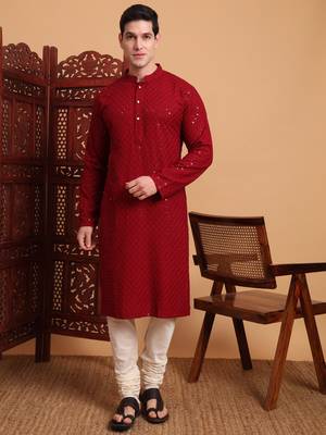 Red rayon fabric chikankari embroidery work traditional kurta pajama for mens 1