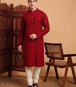 Red rayon fabric chikankari embroidery work traditional kurta pajama for mens
