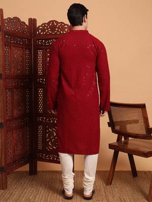 Red rayon fabric chikankari embroidery work traditional kurta pajama for mens 2
