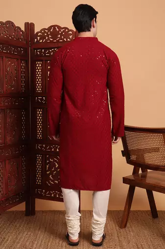 Red rayon fabric chikankari embroidery work traditional kurta pajama for mens