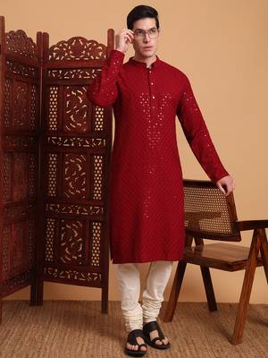 Red rayon fabric chikankari embroidery work traditional kurta pajama for mens 3