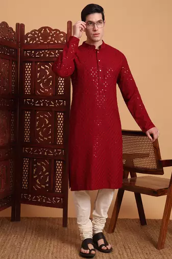 Red rayon fabric chikankari embroidery work traditional kurta pajama for mens