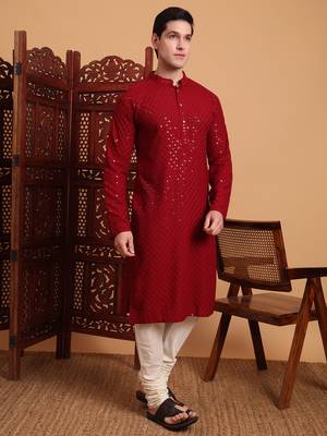 Red rayon fabric chikankari embroidery work traditional kurta pajama for mens 4