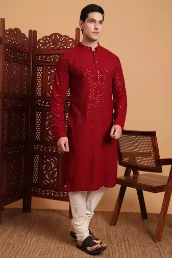 Red rayon fabric chikankari embroidery work traditional kurta pajama for mens