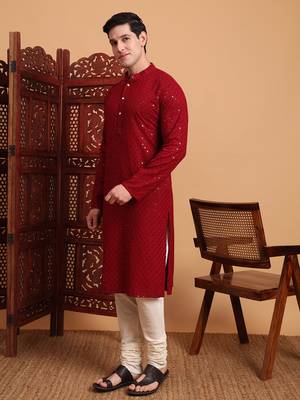 Red rayon fabric chikankari embroidery work traditional kurta pajama for mens 5