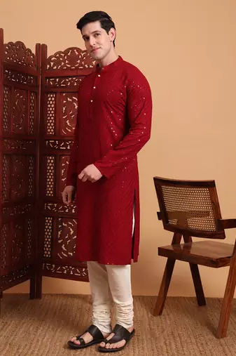 Red rayon fabric chikankari embroidery work traditional kurta pajama for mens