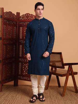 Blue rayon fabric chikankari embroidery work traditional kurta pajama for mens 1