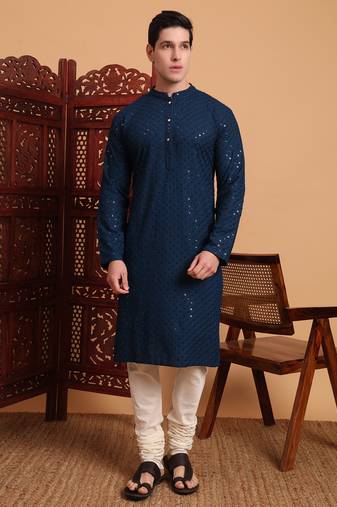 Blue rayon fabric chikankari embroidery work traditional kurta pajama for mens
