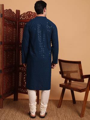 Blue rayon fabric chikankari embroidery work traditional kurta pajama for mens 2