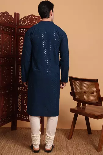 Blue rayon fabric chikankari embroidery work traditional kurta pajama for mens
