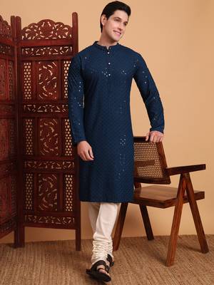 Blue rayon fabric chikankari embroidery work traditional kurta pajama for mens 3