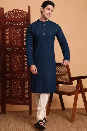 Blue rayon fabric chikankari embroidery work traditional kurta pajama for mens