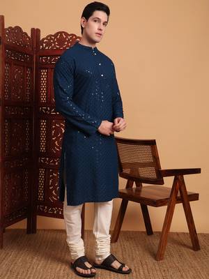 Blue rayon fabric chikankari embroidery work traditional kurta pajama for mens 4