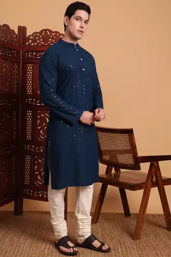 Blue rayon fabric chikankari embroidery work traditional kurta pajama for mens