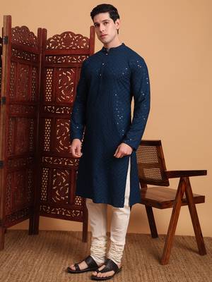 Blue rayon fabric chikankari embroidery work traditional kurta pajama for mens 5
