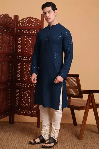 Blue rayon fabric chikankari embroidery work traditional kurta pajama for mens