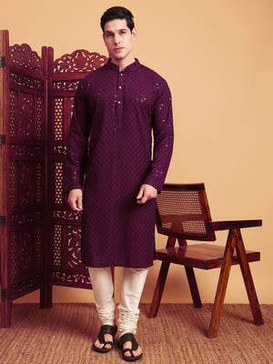 Purple rayon fabric chikankari embroidery work traditional kurta pajama for mens 1
