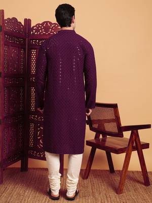 Purple rayon fabric chikankari embroidery work traditional kurta pajama for mens 2
