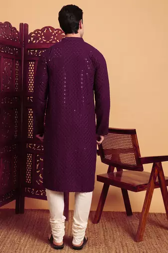 Purple rayon fabric chikankari embroidery work traditional kurta pajama for mens