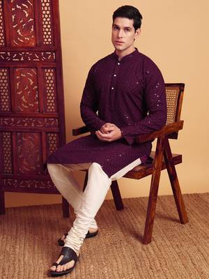 Purple rayon fabric chikankari embroidery work traditional kurta pajama for mens 3