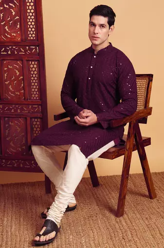 Purple rayon fabric chikankari embroidery work traditional kurta pajama for mens