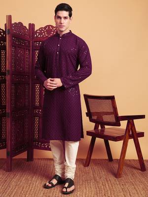Purple rayon fabric chikankari embroidery work traditional kurta pajama for mens 4