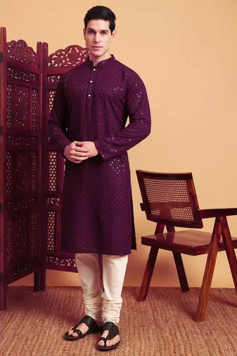 Purple rayon fabric chikankari embroidery work traditional kurta pajama for mens