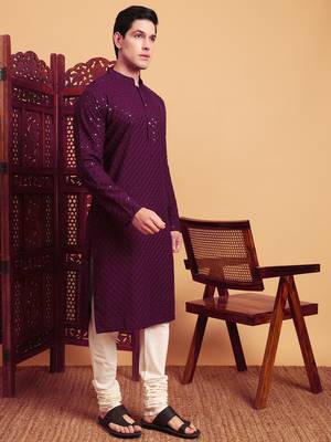 Purple rayon fabric chikankari embroidery work traditional kurta pajama for mens 5
