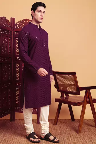 Purple rayon fabric chikankari embroidery work traditional kurta pajama for mens