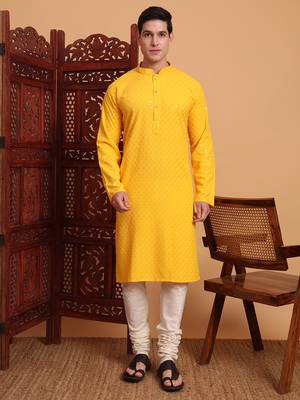 Yellow rayon fabric chikankari embroidery work traditional kurta pajama for mens 1