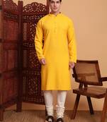 Yellow rayon fabric chikankari embroidery work traditional kurta pajama for mens