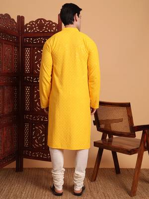 Yellow rayon fabric chikankari embroidery work traditional kurta pajama for mens 2