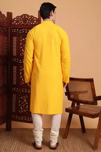 Yellow rayon fabric chikankari embroidery work traditional kurta pajama for mens