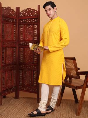 Yellow rayon fabric chikankari embroidery work traditional kurta pajama for mens 3