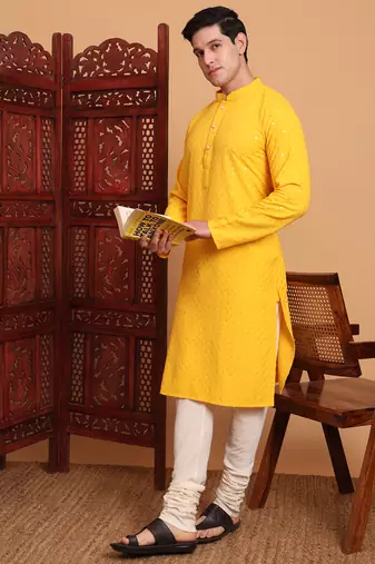 Yellow rayon fabric chikankari embroidery work traditional kurta pajama for mens