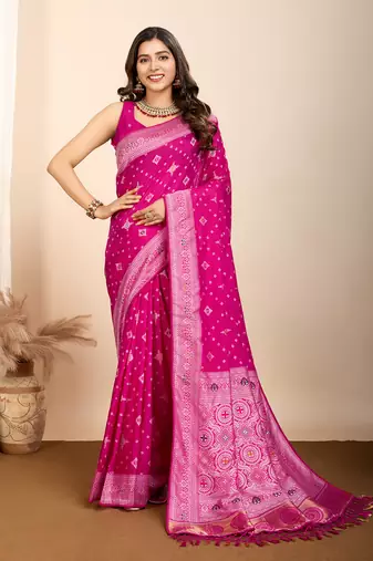 rani pink art silk bandhani saree with matching blouse