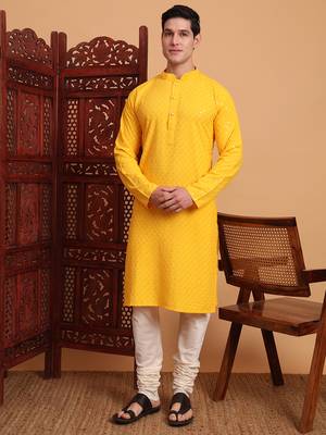 Yellow rayon fabric chikankari embroidery work traditional kurta pajama for mens 4